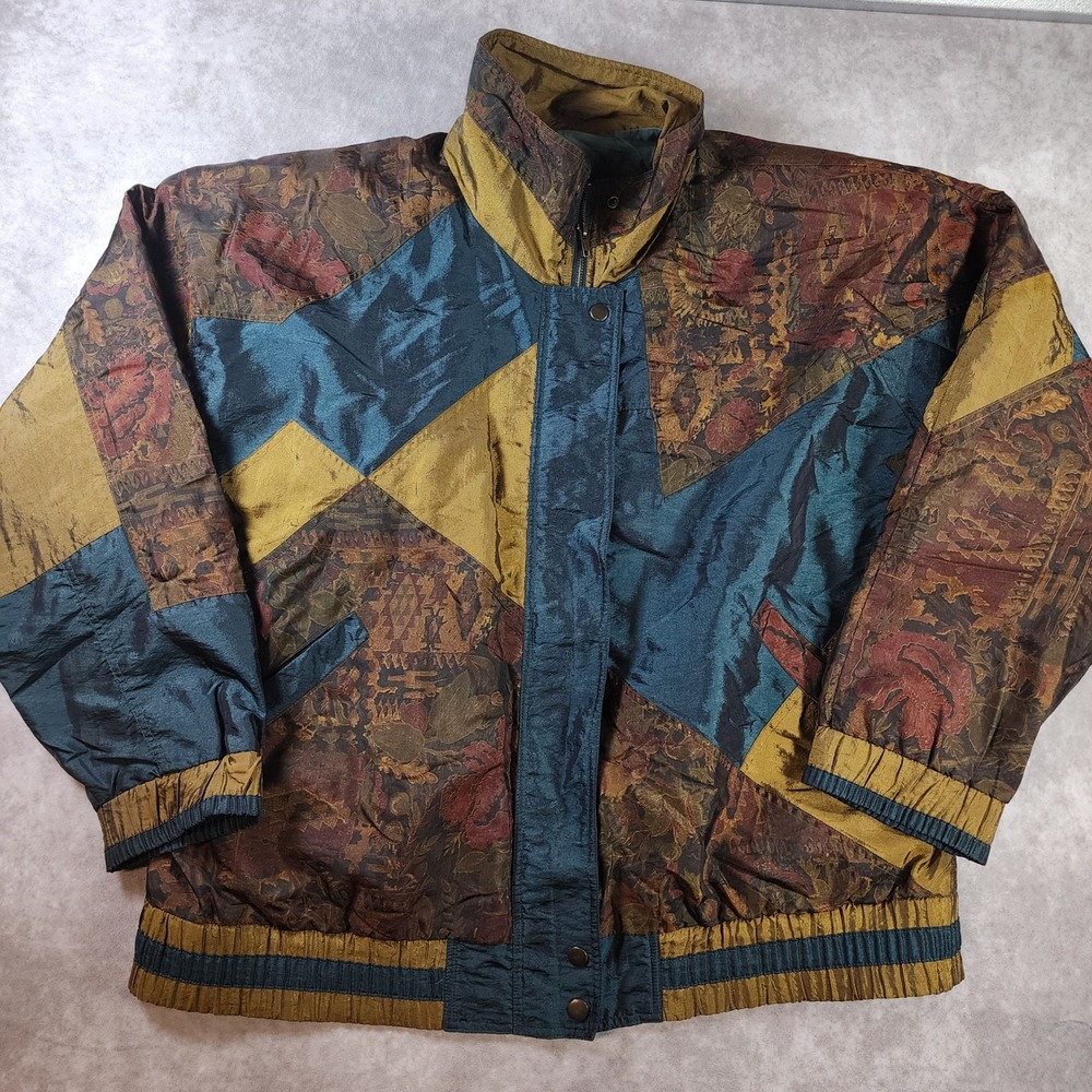 Vintage 90s Lavon XL Tapestry Print Patchwork Windbreaker Jacket Teal Gold